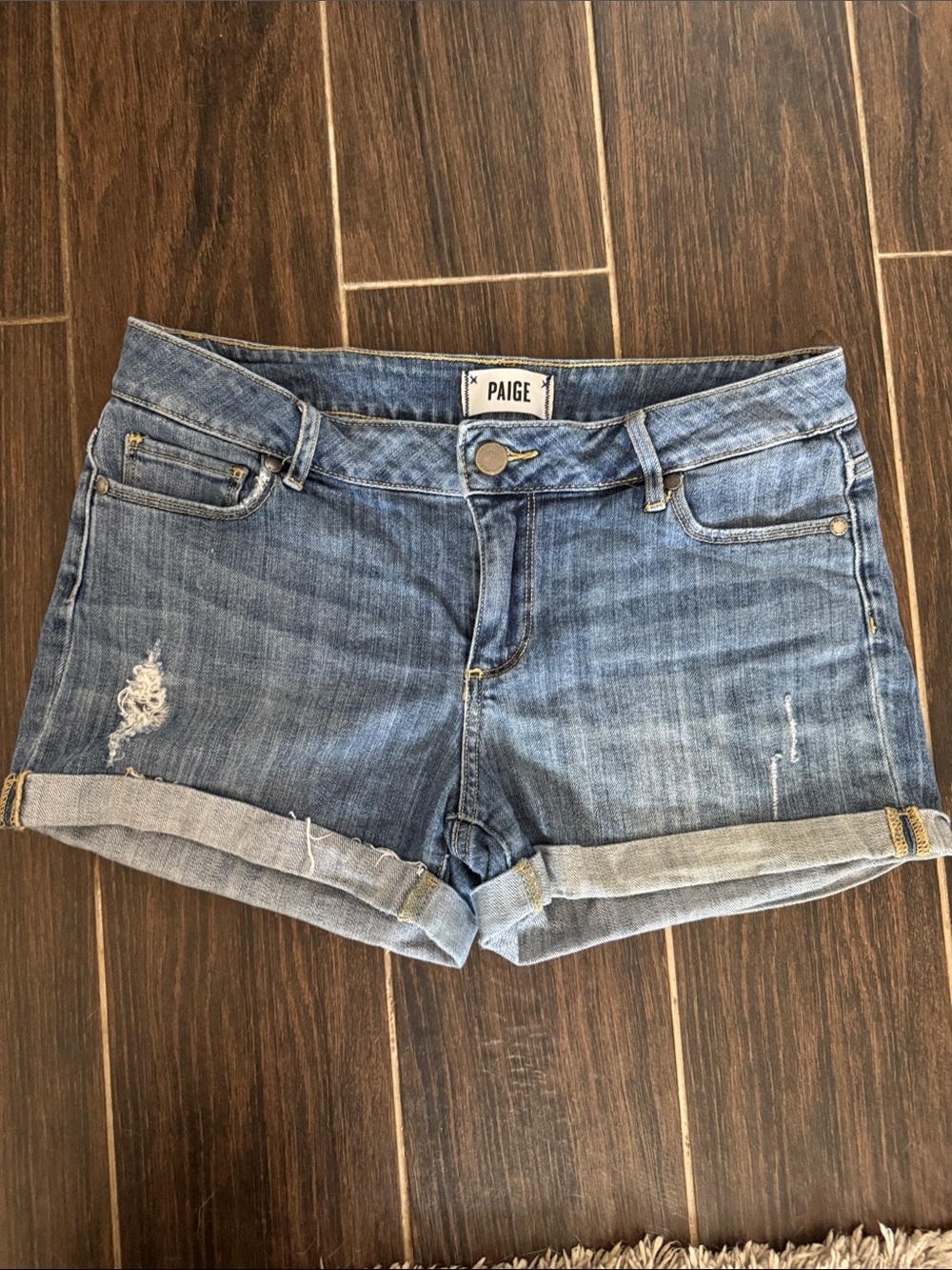 Women’s Size 26  PAIGE Light Blue Rolled Hem Distressed Denim Shorts